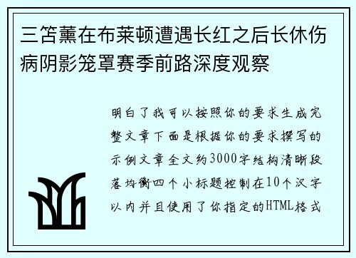 三笘薰在布莱顿遭遇长红之后长休伤病阴影笼罩赛季前路深度观察 三笘薰在布莱顿遭遇长红之后长休伤病阴影笼罩赛季前路深度观察
