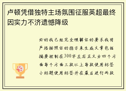 卢顿凭借独特主场氛围征服英超最终因实力不济遗憾降级