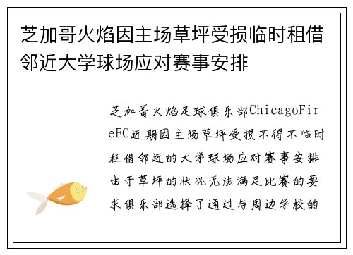 芝加哥火焰因主场草坪受损临时租借邻近大学球场应对赛事安排